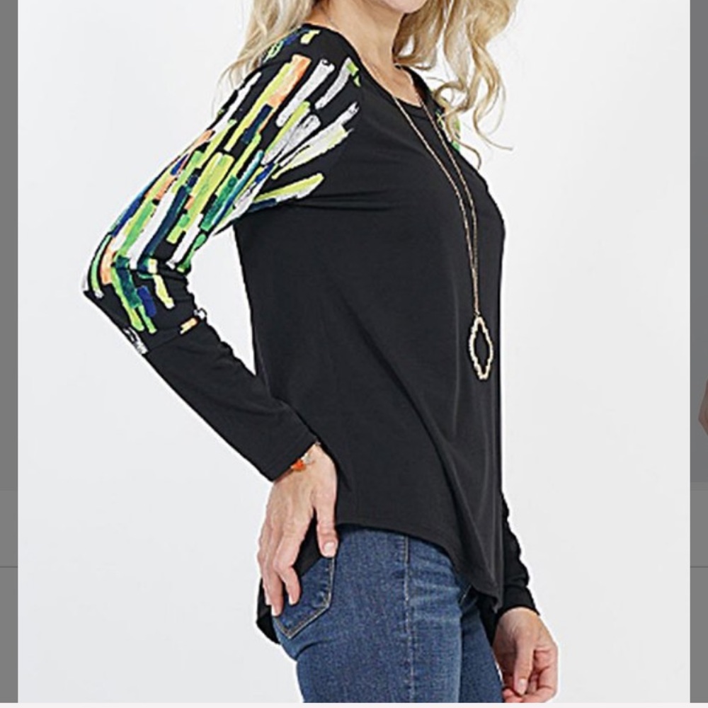 Black & Lime Geometric Raglan Top - Picture 3 of 4